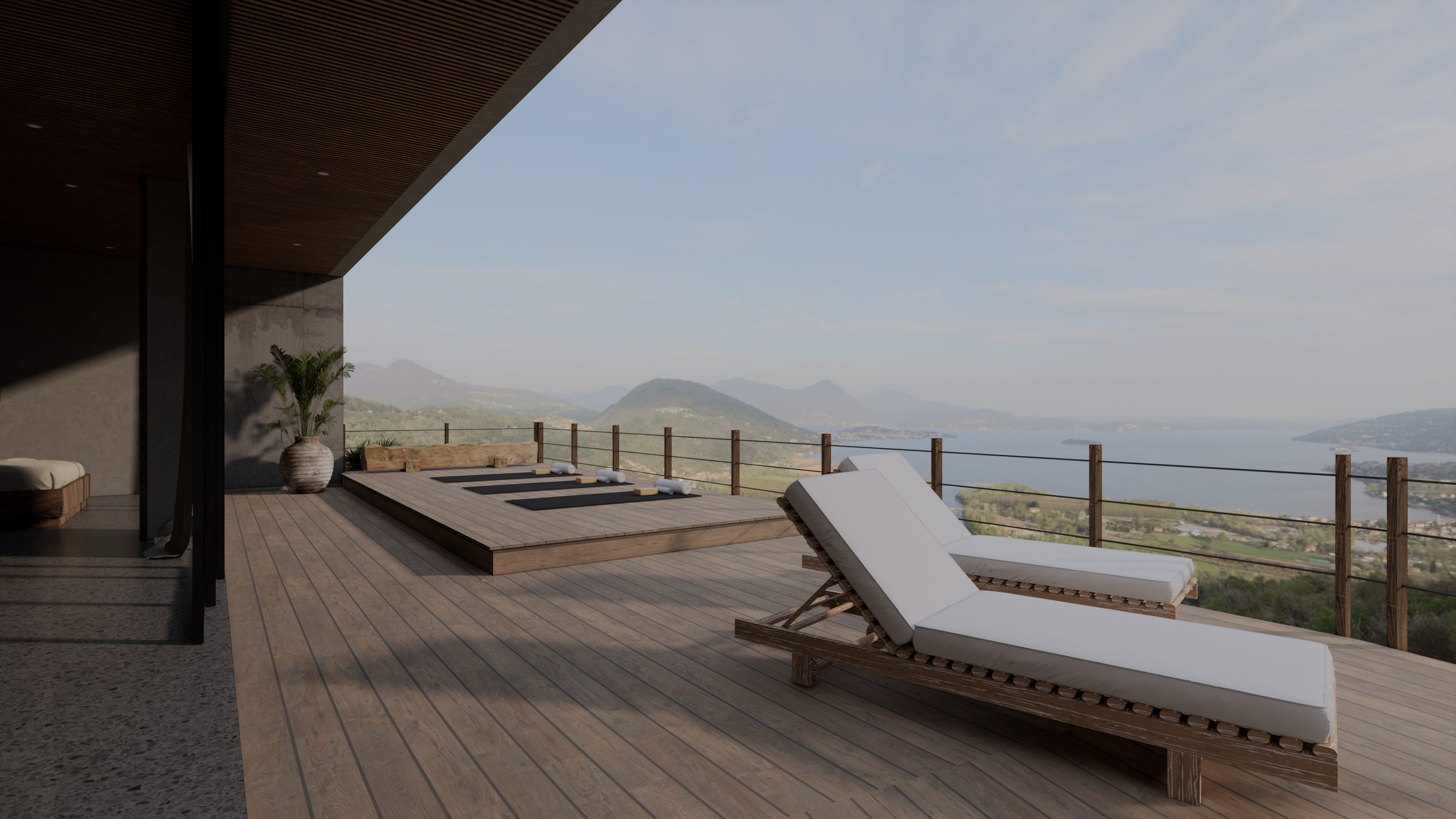 Architectural visualisation of an open-air terrace with a timber deck, soft shade, and a view toward the sea.