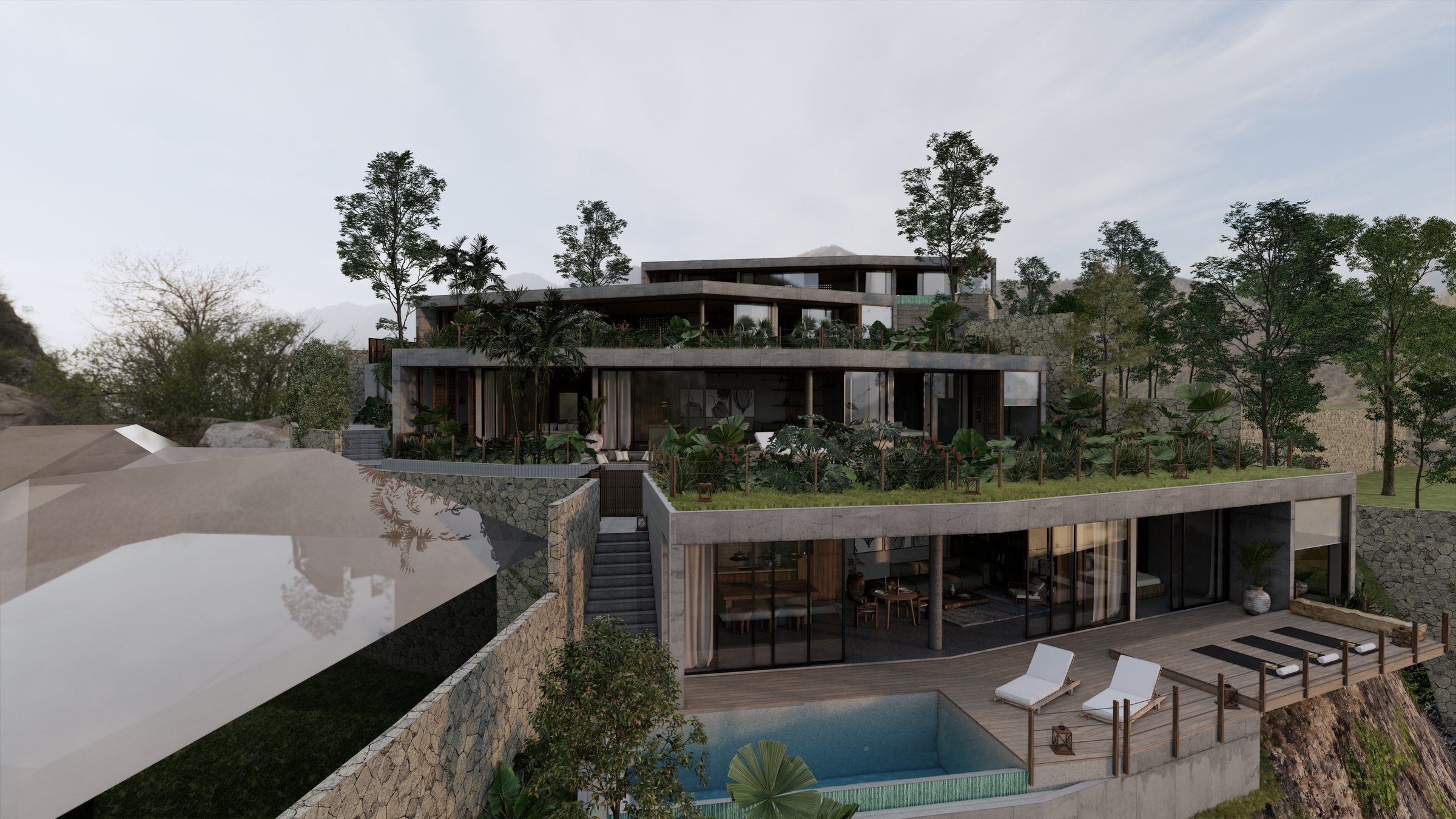 Architectural visualisation of the four Citra villas set on a terraced hillside, seen in oblique aerial view by day.