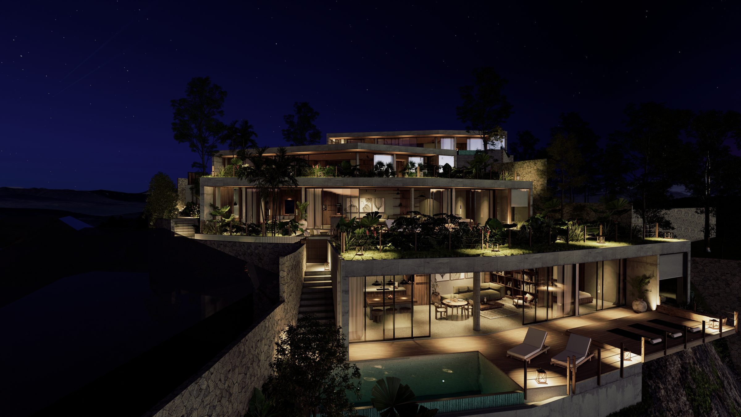 Architectural visualisation of the four Citra villas at dusk, seen from an oblique aerial angle with warm interior light against the hillside.